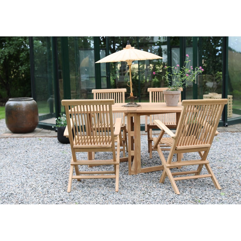 Saltö utomhusmatgrupp med klaffbord och 4 karmstolar – Teak Saltö utomhusmatgrupp med klaffbord och 4 karmstolar – Teak