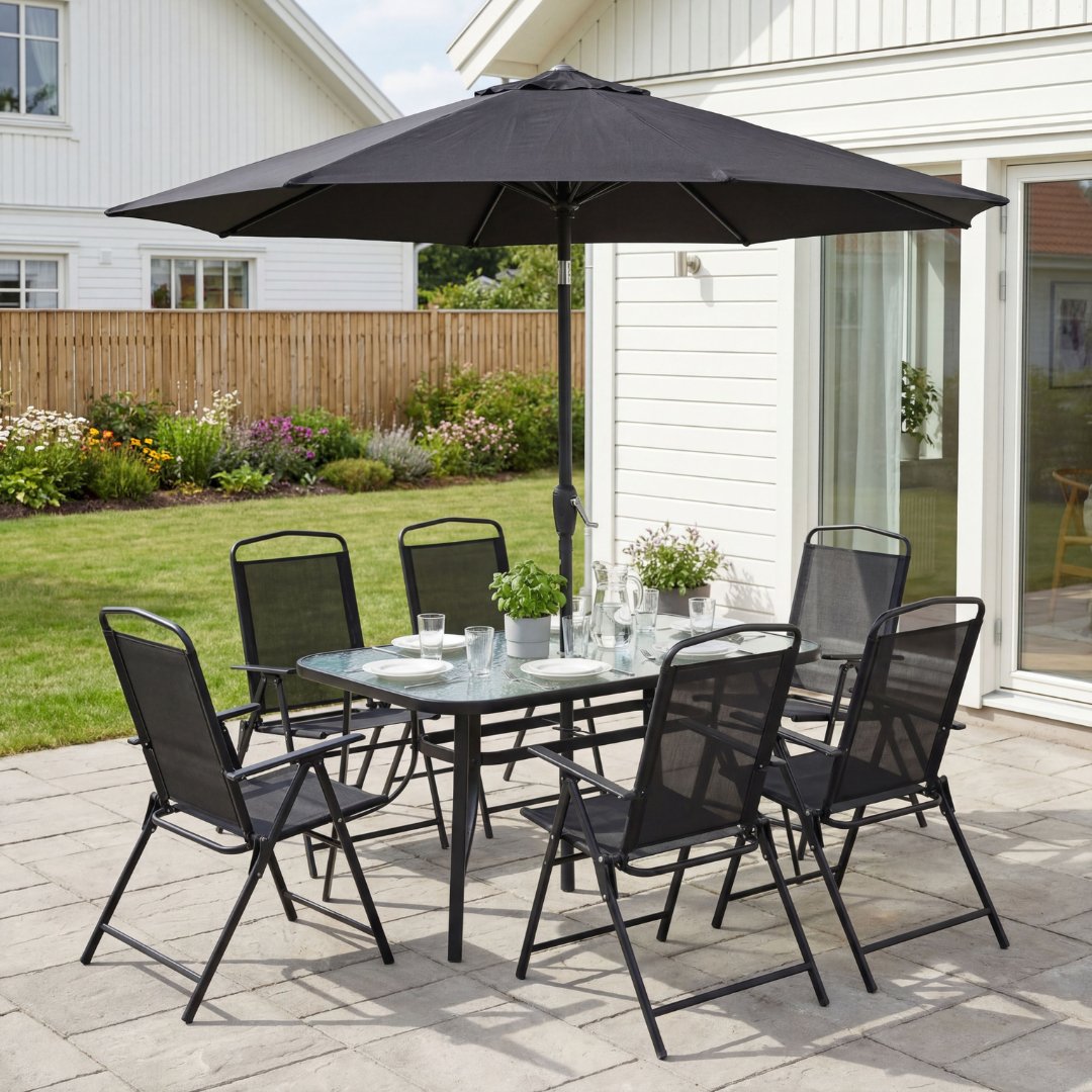 Komplet udendørs spisesæt med 6 stole og parasol Komplet udendørs spisesæt med 6 stole og parasol