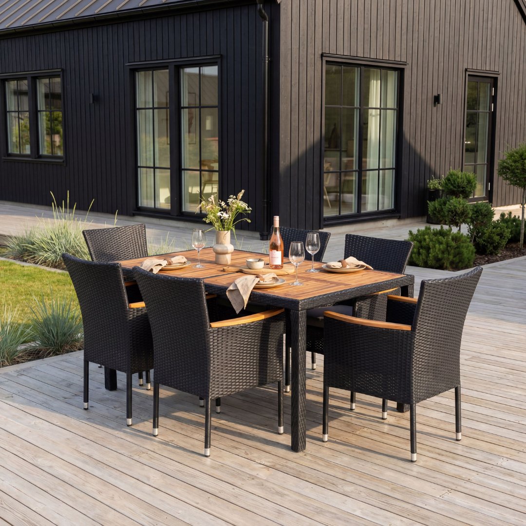 Udend�rs spises�t 6 stole, syntetisk rattan, akacie Sk�nska M�belhuset + Reng�ringsspray til havem�bler