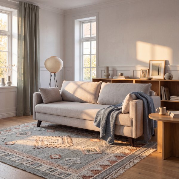 Kleines Schlafsofa Bella - Beige, 3-Sitzer, 210 cm breit, Stoff Neve 13 & Stützfüße Kleines Schlafsofa Bella - Beige, 3-Sitzer, 210 cm breit, Stoff Neve 13 & Stützfüße