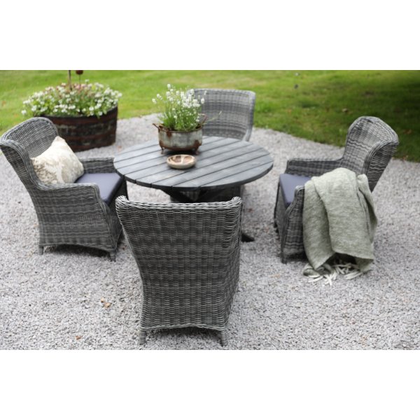 Esstischgruppe Mercury: Runder Scottsdale-Tisch in Shabby-Chic-Grau inklusive 4 Jacksonville-Sesseln aus grauem Kunstrattan + Reinigungsspray für Gartenmöbel Esstischgruppe Mercury: Runder Scottsdale-Tisch in Shabby-Chic-Grau inklusive 4 Jacksonville-Sesseln aus grauem Kunstrattan + Reinigungsspray für Gartenmöbel