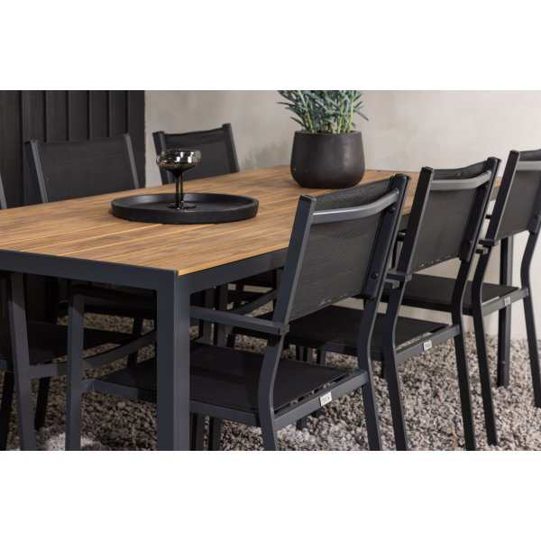 Chania-Lebensmittelgruppe; 6 Copacabana Stühle mit Esstisch 205 x 90 cm - Schwarz/Natur + Textilimprägnierung für Outdoormöbel Chania-Lebensmittelgruppe; 6 Copacabana Stühle mit Esstisch 205 x 90 cm - Schwarz/Natur + Textilimprägnierung für Outdoormöbel