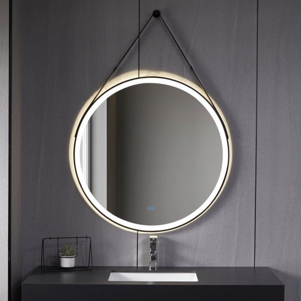 Rund spegel 60 cm med LED-belysning, anti-fog och hngrem