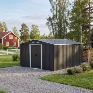 Förråd 12,5 m² galvaniserad stålplåt skjutdörr byggsats utomhus Förråd 12,5 m² galvaniserad stålplåt skjutdörr byggsats utomhus