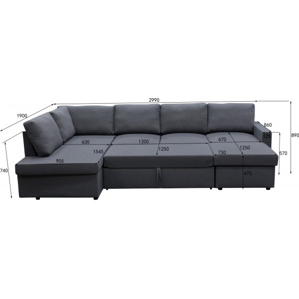 U-soffa b�ddsoffa T�rn� med f�rvaring - 304 cm - m�rkgr�