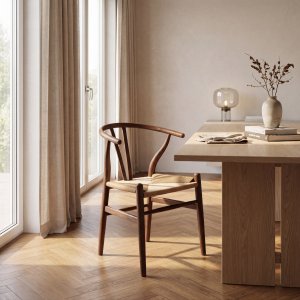 Matstol i valnöt med armstöd, Y-format ryggstöd & flätad sits – Yngvald Matstol i valnöt med armstöd, Y-format ryggstöd & flätad sits – Yngvald