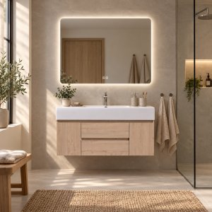 Badrumspaket 120 cm Ljust tr� med LED-spegel -  Miami + Toalettpappersh�llare