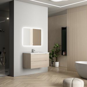 Badrumsm&ouml;bler 80 cm Ljus tr&auml;imitation LED-spegel - Vega + Toalettpappersh&aring;llare