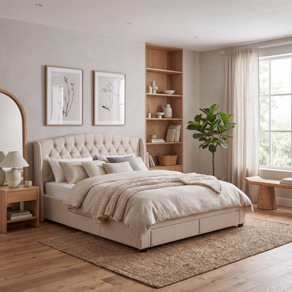 Sängram 180x200 cm Lady - Beige Stomme i Mjukt Tyg med Förvaring & Gavel Sängram 180x200 cm Lady - Beige Stomme i Mjukt Tyg med Förvaring & Gavel