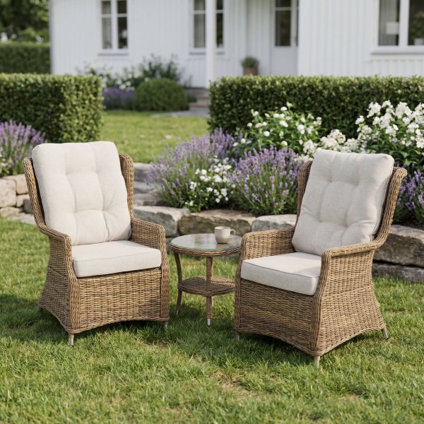 Sand� nojatuolisarja p�yd�ll� - Luonnonv�rinen synteettinen rottinki + Tekstiilien kyll�st�minen ulkokalusteisiin