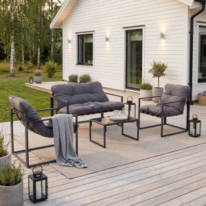 utemöbler i grupp - soffa, 2 fåtöljer & soffbord - svart glas utomhus