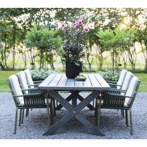 utemöbelgrupp 220 cm matgrupp utomhus 6 stolar grågrön trä-aluminium + textilimpregnering för utemöbler