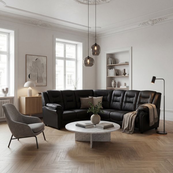 H�rnsoffa svart konstl�der 5-sits - Peking