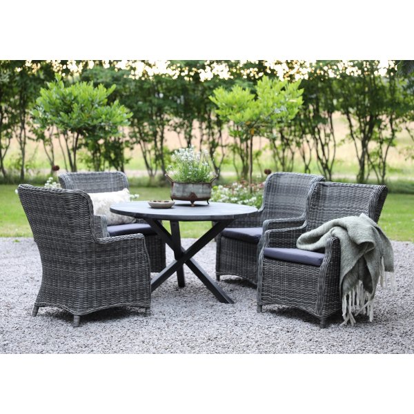 Esstischgruppe Mercury: Runder Scottsdale-Tisch in Shabby-Chic-Grau inklusive 4 Jacksonville-Sesseln aus grauem Kunstrattan + Reinigungsspray für Gartenmöbel Esstischgruppe Mercury: Runder Scottsdale-Tisch in Shabby-Chic-Grau inklusive 4 Jacksonville-Sesseln aus grauem Kunstrattan + Reinigungsspray für Gartenmöbel