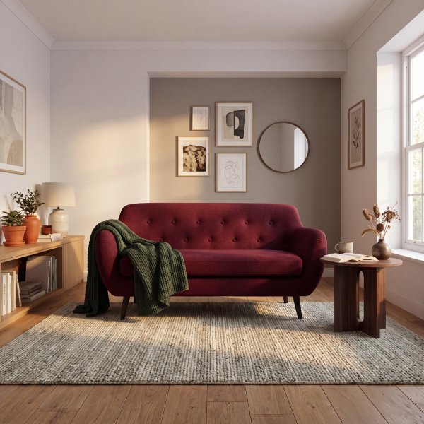 Burgunderrotes 3-Sitzer-Sofa Boggie - 190 cm breit, Samtbezug Matt Velvet 59, schwarze Beine Burgunderrotes 3-Sitzer-Sofa Boggie - 190 cm breit, Samtbezug Matt Velvet 59, schwarze Beine