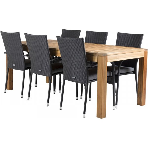 Pr�ssebo Matgrupp (200x90) - Svart/Natur - 6 Stolar