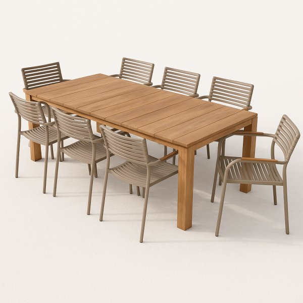 Utematgrupp - Salt & Pino | Teak bord | 8 stolar