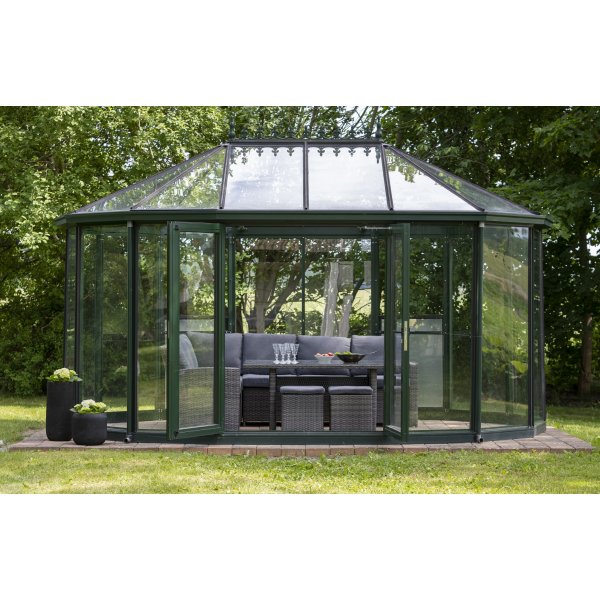 Harskär utemöbelgrupp hörnsoffa med bord och sittpallar - Mörkgrå konstrotting Harskär utemöbelgrupp hörnsoffa med bord och sittpallar - Mörkgrå konstrotting