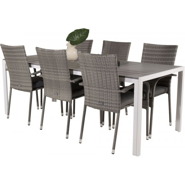 Ervalla Matgrupp (205x90) - Gr�/Vit - 6 Stolar