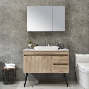 Badrumsm&ouml;bler 100 cm | Ljus tr&auml;imitation | Spegelsk&aring;p | Melina + Toalettpappersh&aring;llare