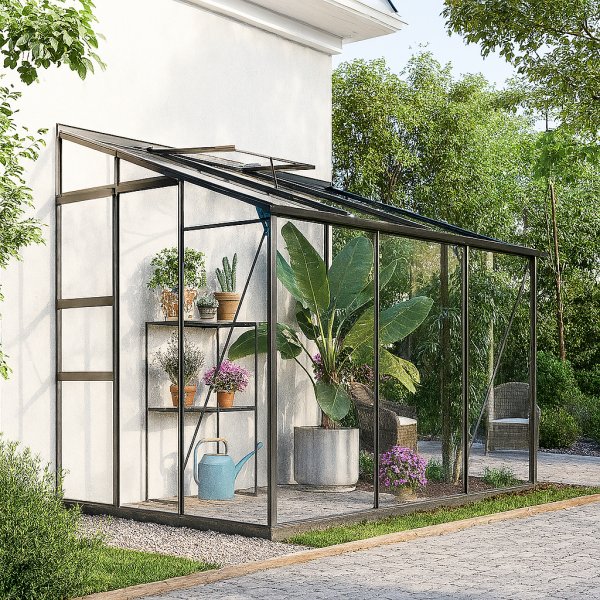 Seinäkasvihuone Nimas 4,8 m² - musta - karkaistu lasi + Kasvihuoneen pöytä Seinäkasvihuone Nimas 4,8 m² - musta - karkaistu lasi + Kasvihuoneen pöytä