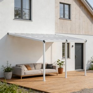 Altantak Gardeney Jim 14,9 m� - Vit plast mot husv�gg 300x495 cm