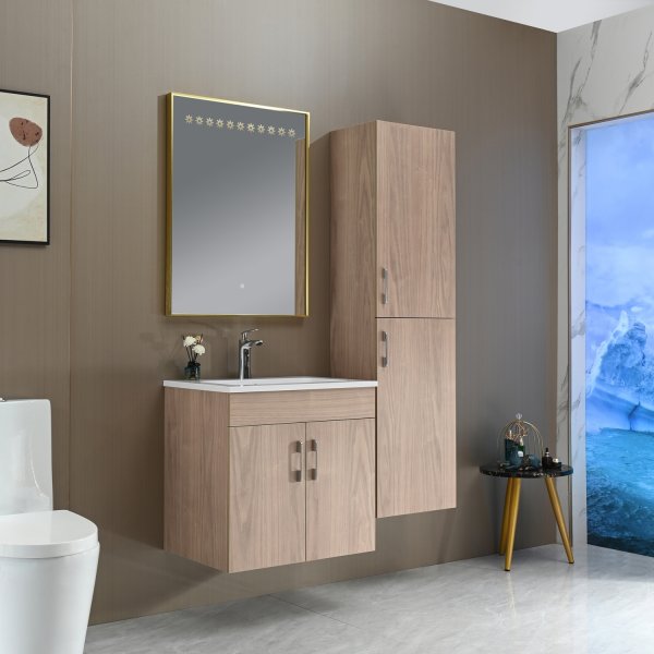 Badrumsm�bler 60 cm Ljust Tr� med Spegel och Sidosk�p - Wood Haven