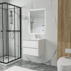 Badrumsm&ouml;bler 60 cm Vit LED-spegel - Florence + Toalettpappersh&aring;llare