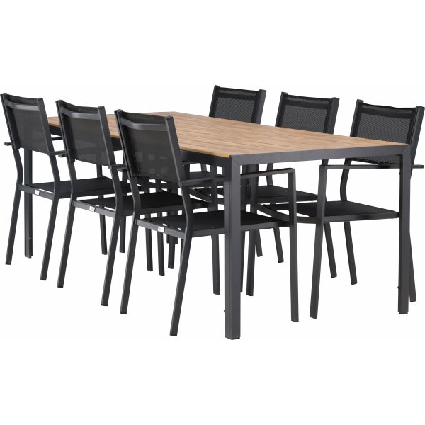 Chania-Lebensmittelgruppe; 6 Copacabana Stühle mit Esstisch 205 x 90 cm - Schwarz/Natur + Textilimprägnierung für Outdoormöbel Chania-Lebensmittelgruppe; 6 Copacabana Stühle mit Esstisch 205 x 90 cm - Schwarz/Natur + Textilimprägnierung für Outdoormöbel