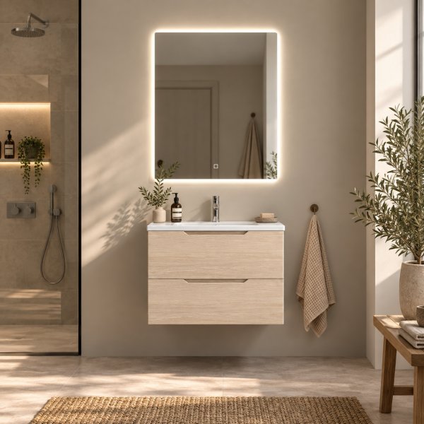 Badrumspaket 60 cm Ljus tr�imitation med LED-spegel - Vega + 2.00 x Badrumskrok