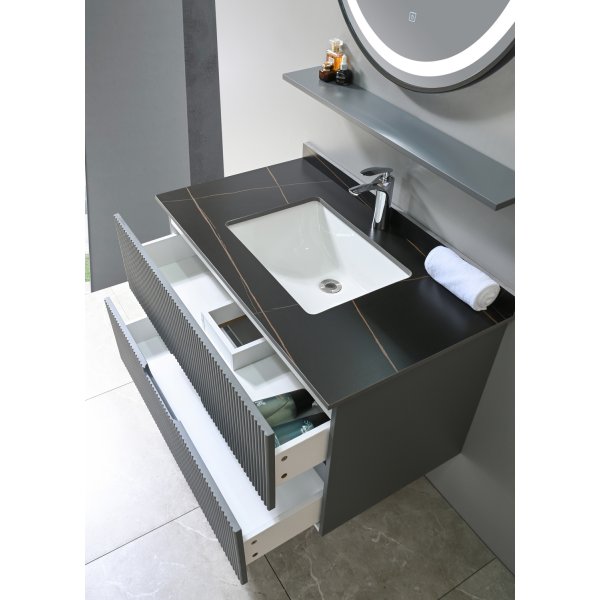 Kylpyhuonekalusteet Lazien - Harmaa ja musta marmorijäljitelmä + 2.00 x Kylpyhuoneen koukku Kylpyhuonekalusteet Lazien - Harmaa ja musta marmorijäljitelmä + 2.00 x Kylpyhuoneen koukku