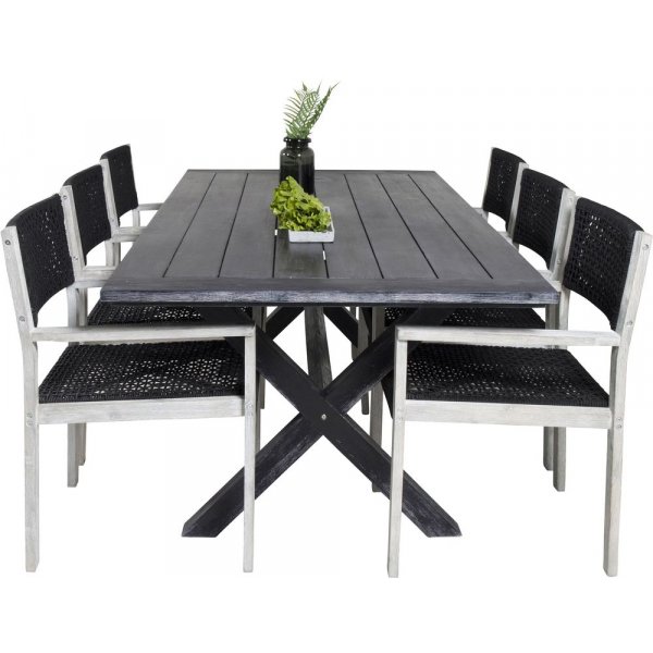 Ramsj Spisegruppe (200x100) - Whitewash/Sort - 6 Stole