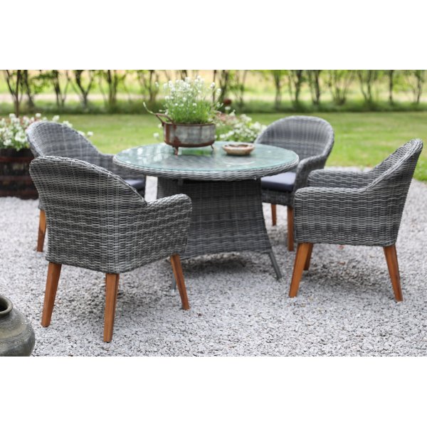 Jacksonville Speisegruppe im Freien; Runder Tisch 110 cm inkl. 4 Sessel Valetta Kunstrattan grau + Reinigungsspray für Gartenmöbel Jacksonville Speisegruppe im Freien; Runder Tisch 110 cm inkl. 4 Sessel Valetta Kunstrattan grau + Reinigungsspray für Gartenmöbel