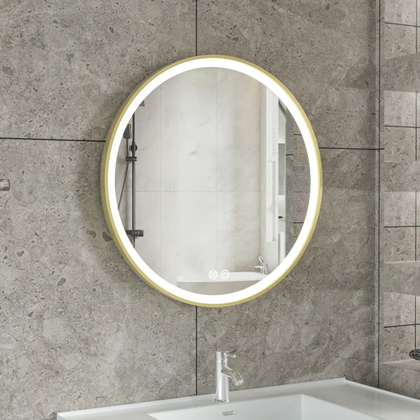 LED-spegel 60x60 cm med guldaluminiumram och anti-fog