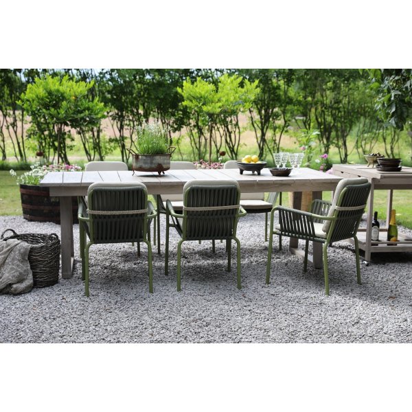 Spisegruppe Salt gr teak: Bord 240 cm inkl. 6 grnne Lincoln stelstole