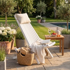 Hvid tr�liggestol med nakkepude - Lounge til terrasse og have