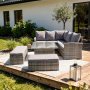 1 Lounge-Ecksofa für 6-8 Personen mit Tisch und 2 Hockern - Gartenmöbel mit Kissen und Sicherheitsglas