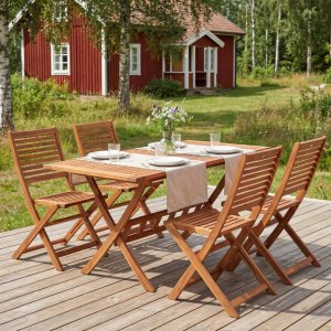 Fällbar matgrupp i akacia – Bord + 4 stolar - Oljad natur - FSC-certifierad Fällbar matgrupp i akacia – Bord + 4 stolar - Oljad natur - FSC-certifierad
