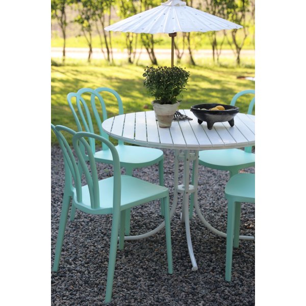 Essgruppe Holmsund: Runder weier Tisch mit 4 stapelbaren Bally-Sthlen