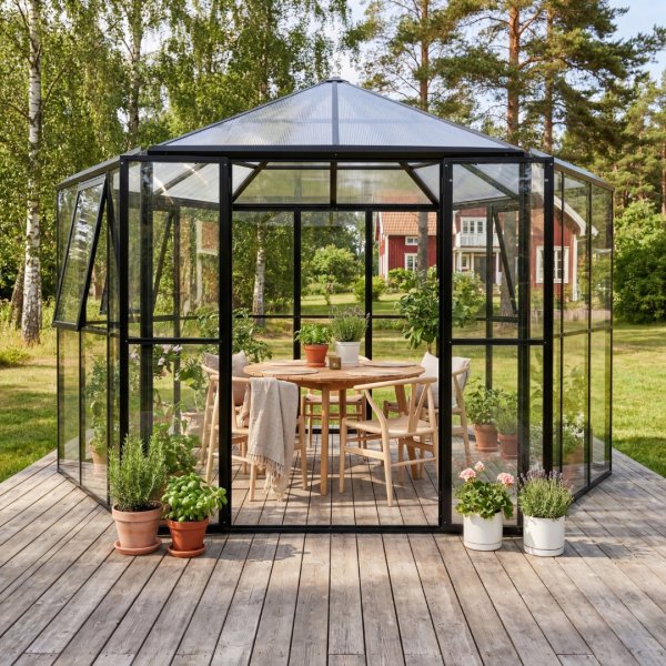 Frist�ende v�xthus Miranda V.2 9 m� h�rdat glas svart - Gardeney + V�xthusbord