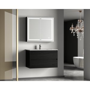 Badrumsm�bel 80 cm Svart Tr� med LED-spegelsk�p och Keramiskt Handfat