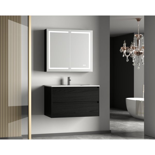 Badrumsm�bel 80 cm Svart Tr� med LED-spegelsk�p och Keramiskt Handfat