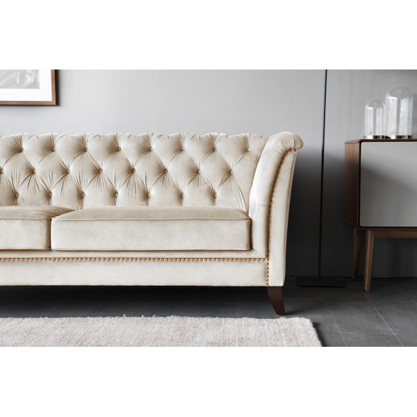Chesterfield 3-sits Soffa 210 cm Beige Sammet