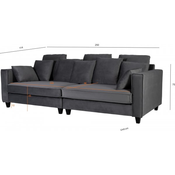 Sofa 250 cm bred mørkegrå fløjl 114 cm dyb Sofa 250 cm bred mørkegrå fløjl 114 cm dyb
