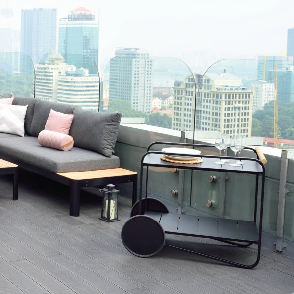 Lifestyle Garden Portals - Tarjoiluvaunu musta / teak + Tekstiilien kyllstminen ulkokalusteisiin