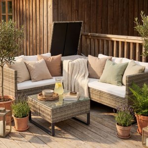 Ecksofa-Set, Kunstrattan | Sofa mit Tisch und Kissenbox | Grau + Fleckentferner f�r M�bel