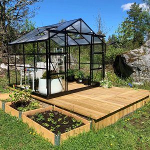 växthus 6,4 m² svart 4 mm glas & 6 mm plast