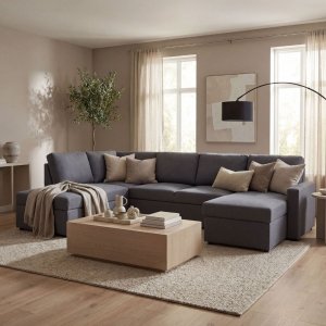 U-soffa b�ddsoffa Dream med f�rvaring - 299 cm - m�rkgr�
