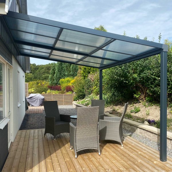 Skydetagsveranda 3,9 x 3m | Skydetag til altan | Kanalplast / aluminium