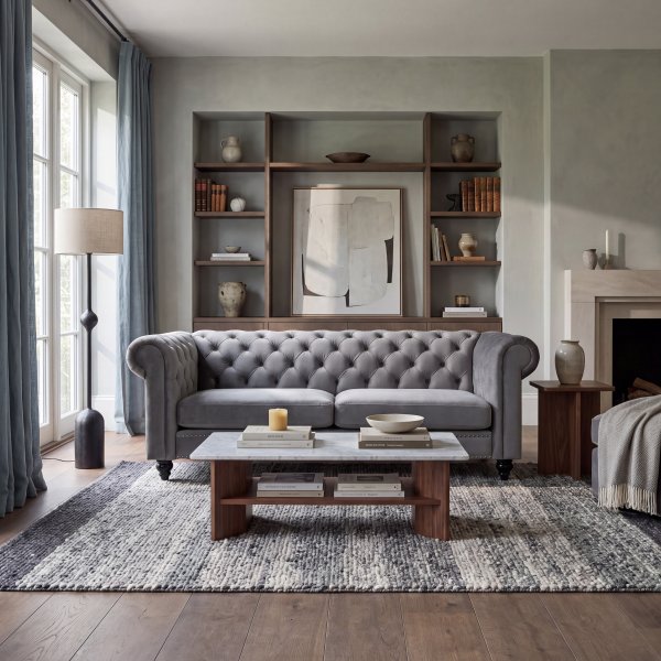 Chesterfield Soffa Sammet - Gr� 3-sits Inredning & M�bel - 219x88x78 cm